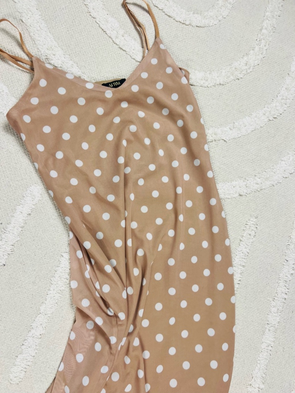 AFRM Mesh Polka Dot Midi Dress – Tan & White, Size S/P